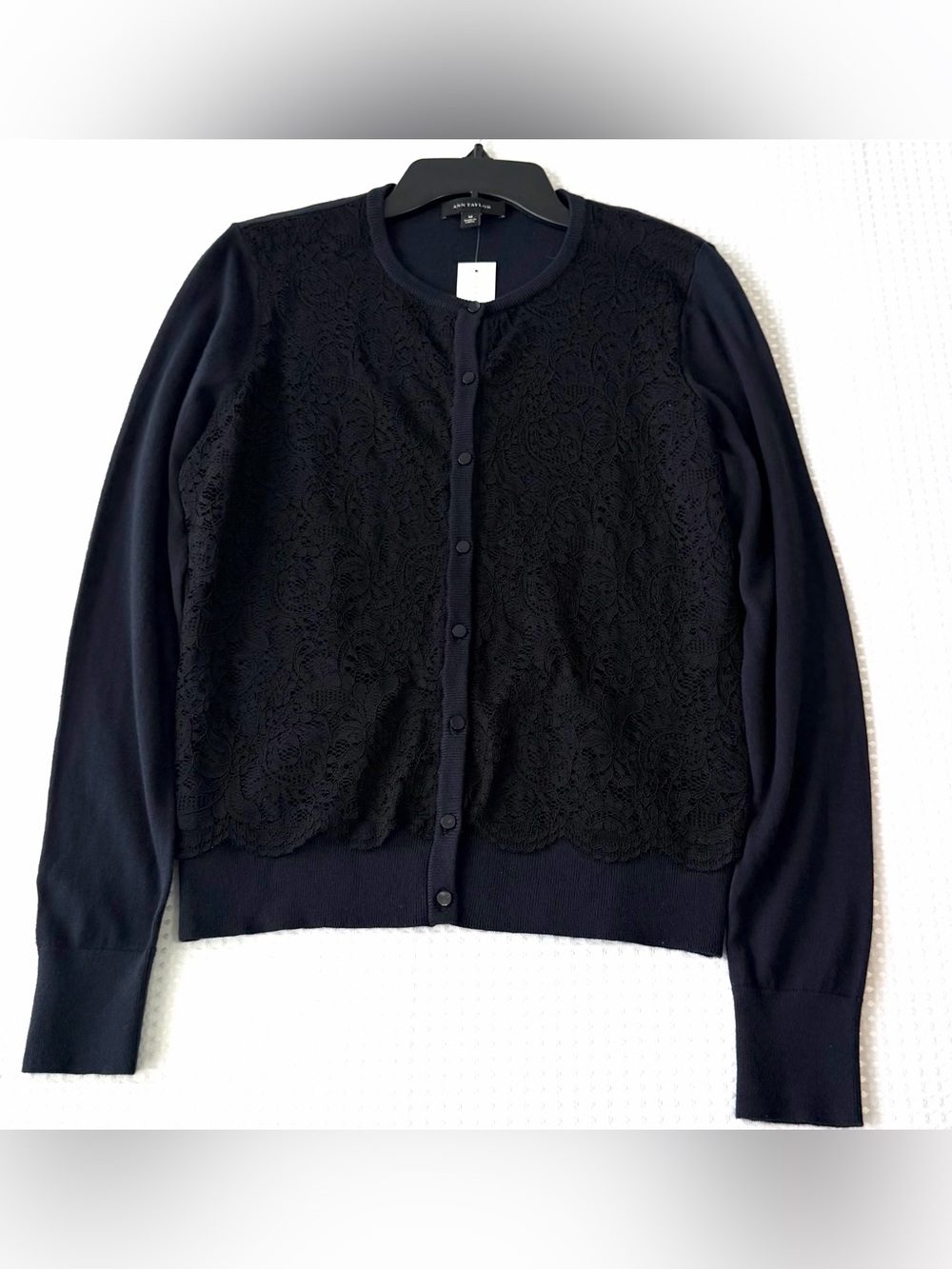 Ann Taylor Navy Cardigan Black Lace Overlay Sweater Soft Classic Work Size M NWT